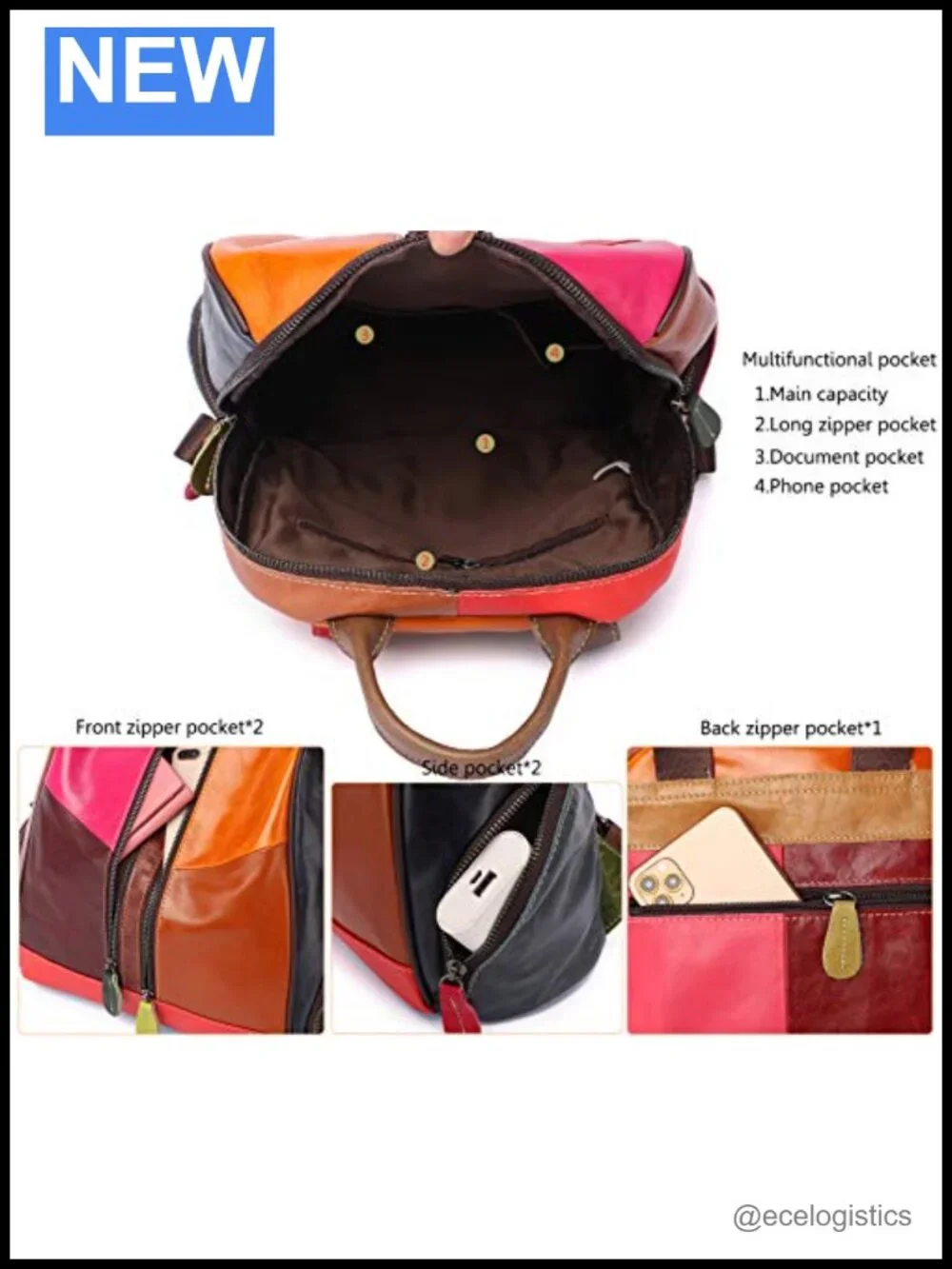 Genuine Leather Patchwork Backpack Women Travel Daypack Bohemian